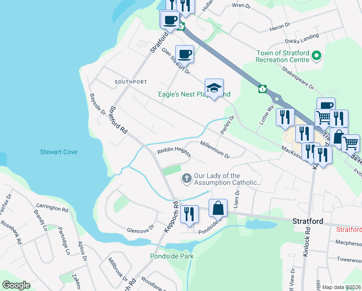 map of restaurants, bars, coffee shops, grocery stores, and more near 13 Reddin Heights in Stratford