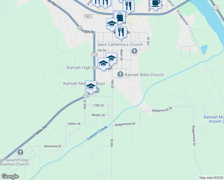 map of restaurants, bars, coffee shops, grocery stores, and more near 1102 Hill Street in Kamiah