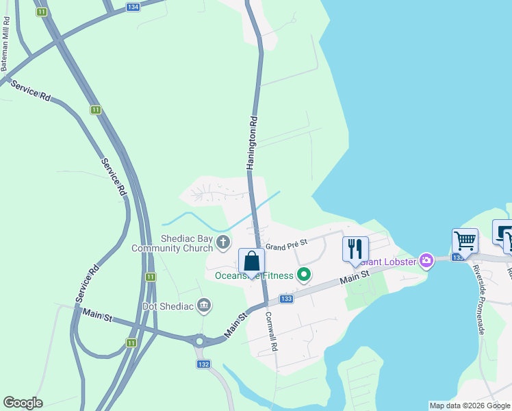 map of restaurants, bars, coffee shops, grocery stores, and more near 24 Hanington Road in Shediac Bridge