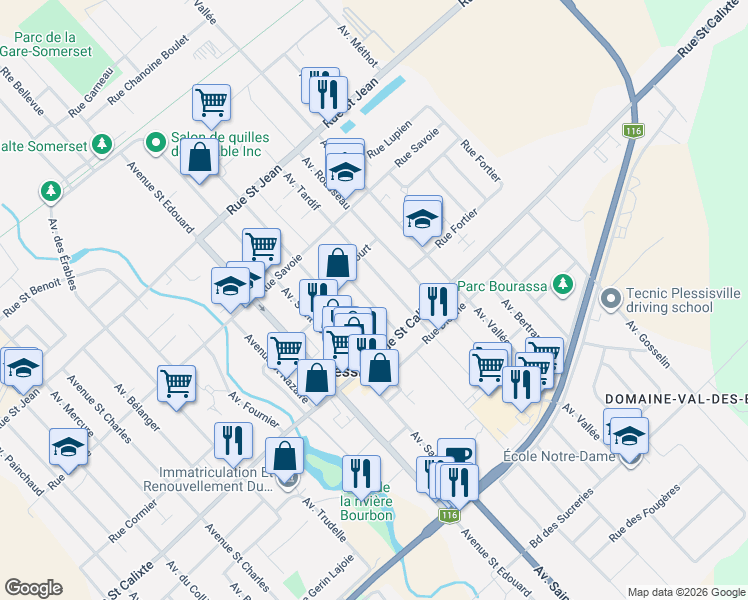 map of restaurants, bars, coffee shops, grocery stores, and more near 1638 Avenue Sainte Thérèse in Plessisville