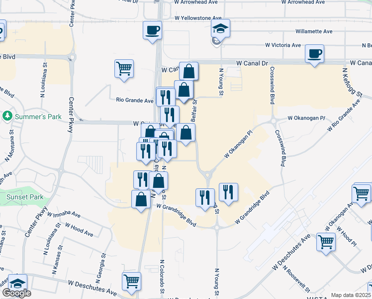 map of restaurants, bars, coffee shops, grocery stores, and more near 1106 North Columbia Center Boulevard in Kennewick
