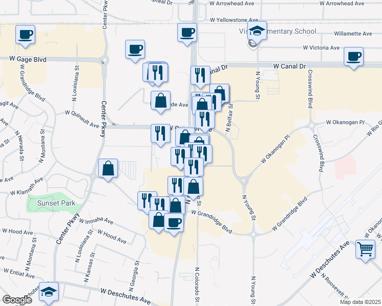 map of restaurants, bars, coffee shops, grocery stores, and more near 1106 North Columbia Center Boulevard in Kennewick