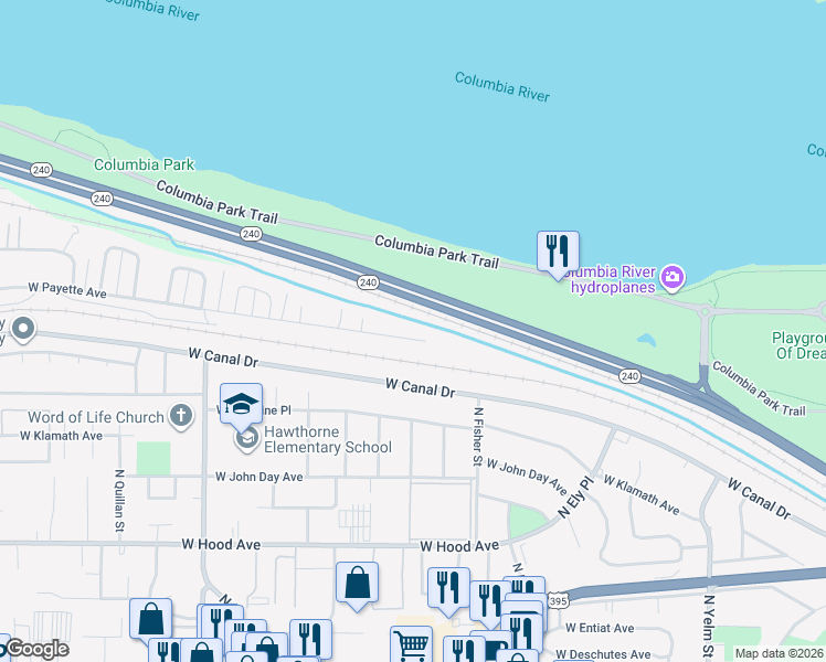 map of restaurants, bars, coffee shops, grocery stores, and more near 3111 West Canal Drive in Kennewick