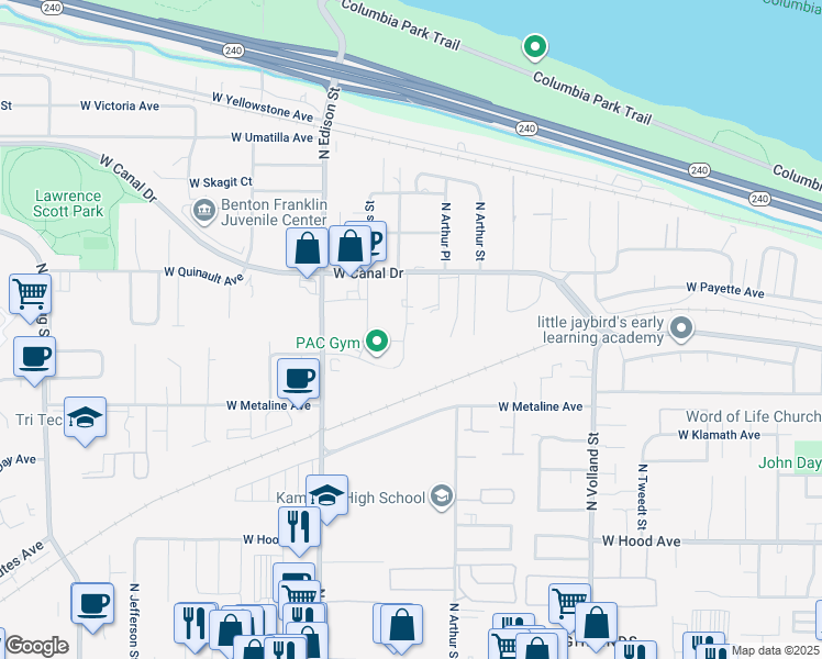 map of restaurants, bars, coffee shops, grocery stores, and more near 911-917 North Cleveland Street in Kennewick