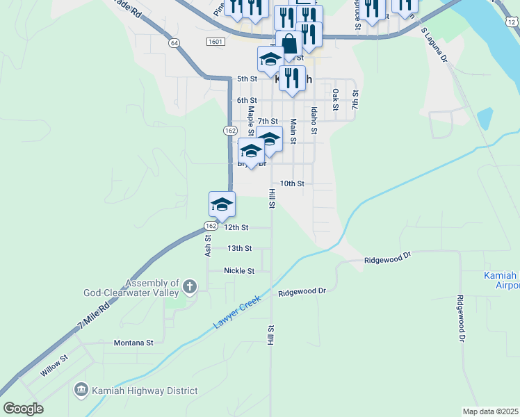 map of restaurants, bars, coffee shops, grocery stores, and more near 1102 Hill Street in Kamiah