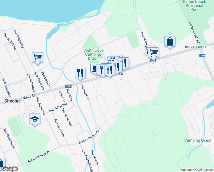 map of restaurants, bars, coffee shops, grocery stores, and more near 21 Bellevue Heights in Shediac