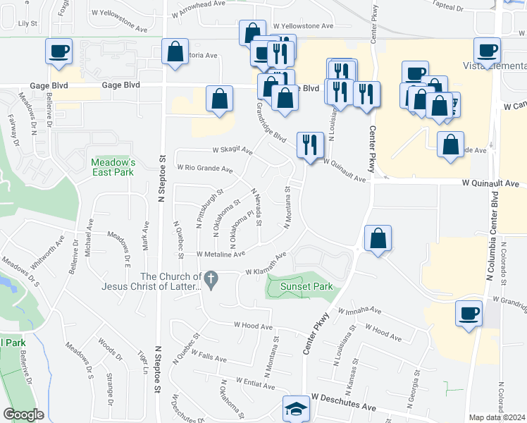 map of restaurants, bars, coffee shops, grocery stores, and more near 1146 North Nevada Street in Kennewick