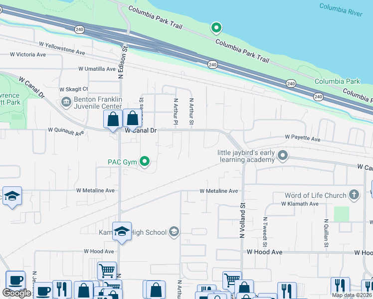 map of restaurants, bars, coffee shops, grocery stores, and more near 1130 North Arthur Street in Kennewick