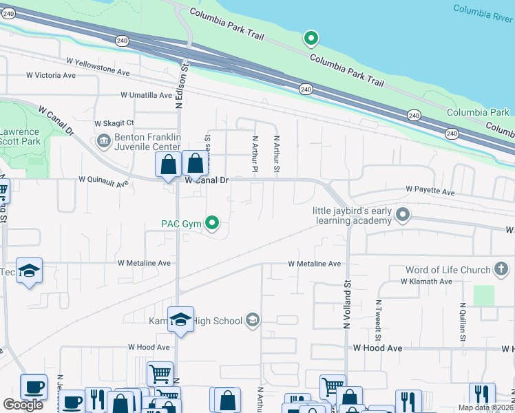 map of restaurants, bars, coffee shops, grocery stores, and more near 1118 North Buchanan Street in Kennewick
