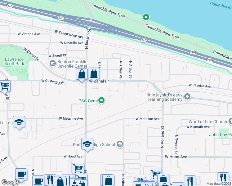 map of restaurants, bars, coffee shops, grocery stores, and more near 1118 North Buchanan Street in Kennewick