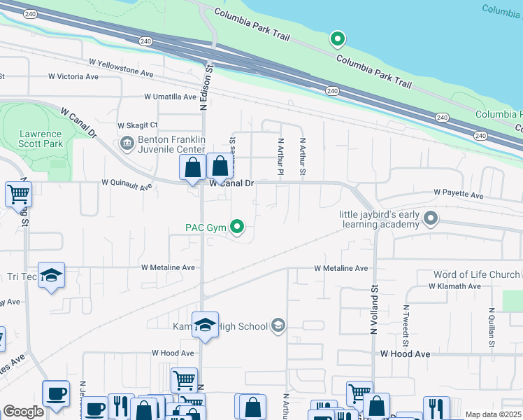 map of restaurants, bars, coffee shops, grocery stores, and more near 1115 North Cleveland Street in Kennewick