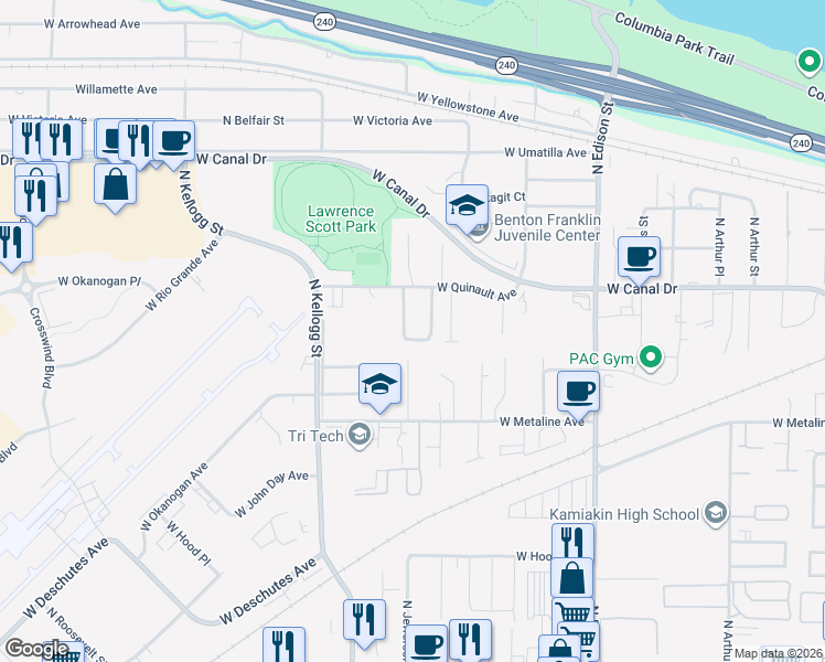 map of restaurants, bars, coffee shops, grocery stores, and more near 1118 North Jefferson Place in Kennewick