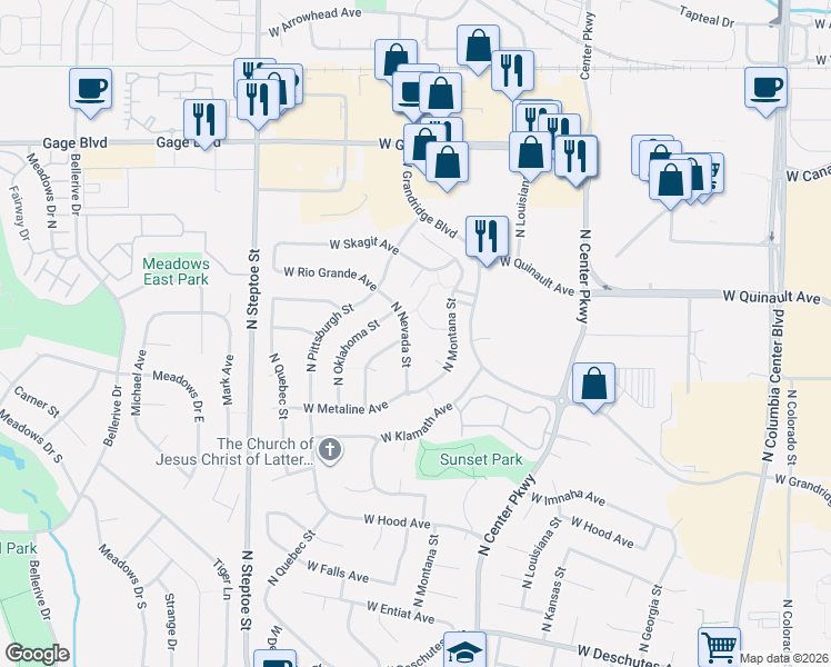 map of restaurants, bars, coffee shops, grocery stores, and more near 1230 North Nevada Street in Kennewick