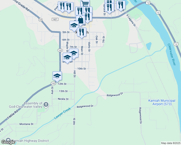 map of restaurants, bars, coffee shops, grocery stores, and more near 1015 Idaho Street in Kamiah