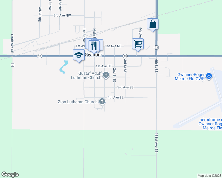 map of restaurants, bars, coffee shops, grocery stores, and more near 298 3rd Avenue Southeast in Gwinner