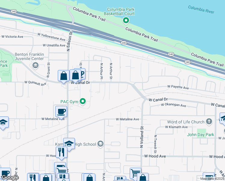 map of restaurants, bars, coffee shops, grocery stores, and more near 1130 North Arthur Street in Kennewick