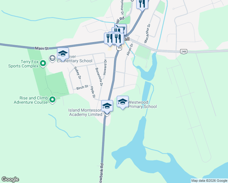 map of restaurants, bars, coffee shops, grocery stores, and more near 4 Crosby Street in Cornwall