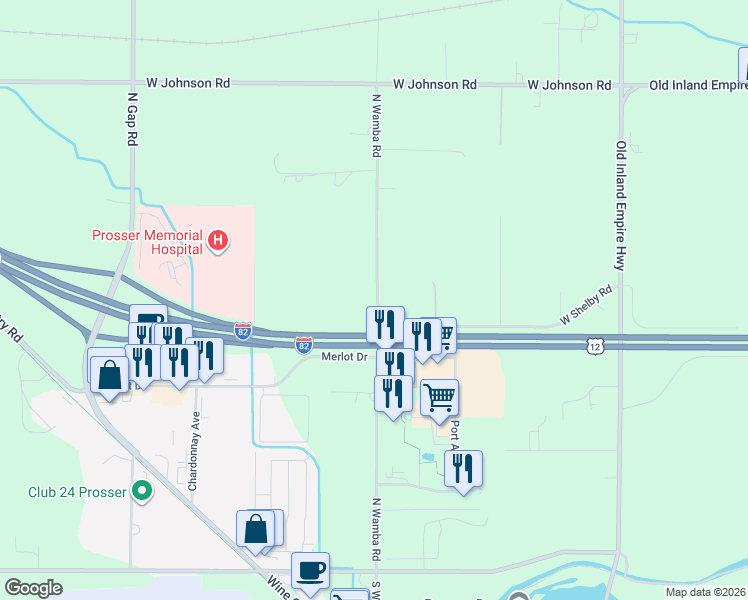 map of restaurants, bars, coffee shops, grocery stores, and more near in Prosser