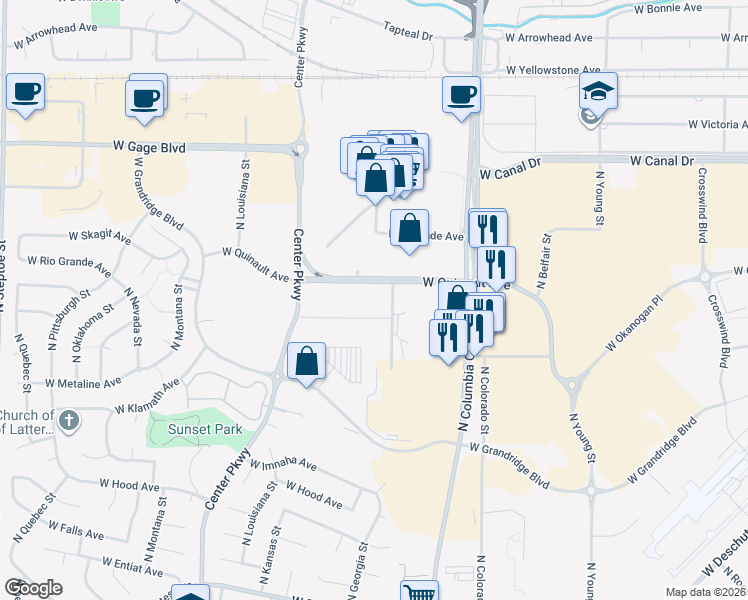 map of restaurants, bars, coffee shops, grocery stores, and more near 7901 West Quinault Avenue in Kennewick