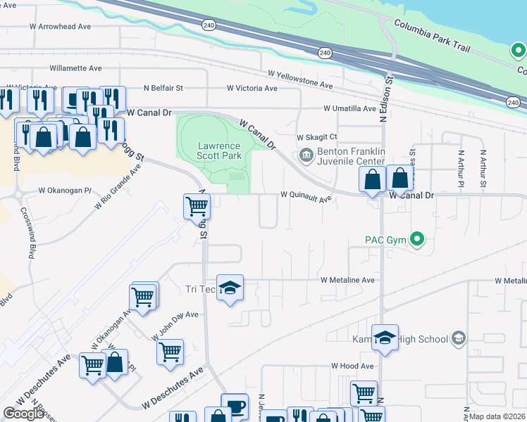 map of restaurants, bars, coffee shops, grocery stores, and more near 1118 North Jefferson Place in Kennewick