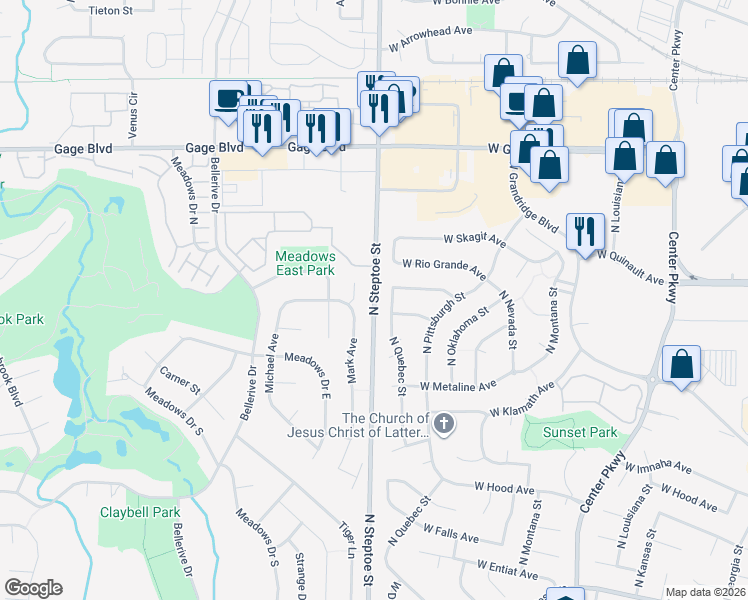 map of restaurants, bars, coffee shops, grocery stores, and more near North Steptoe Street in Richland