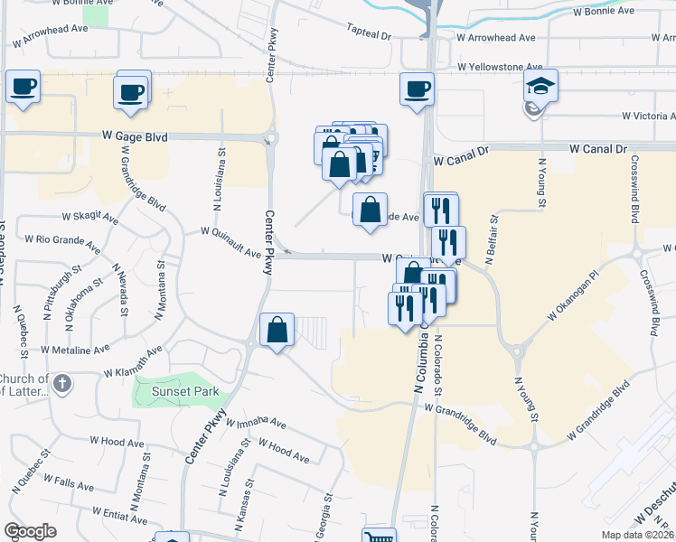 map of restaurants, bars, coffee shops, grocery stores, and more near 7901 W Quinault Ave in Kennewick