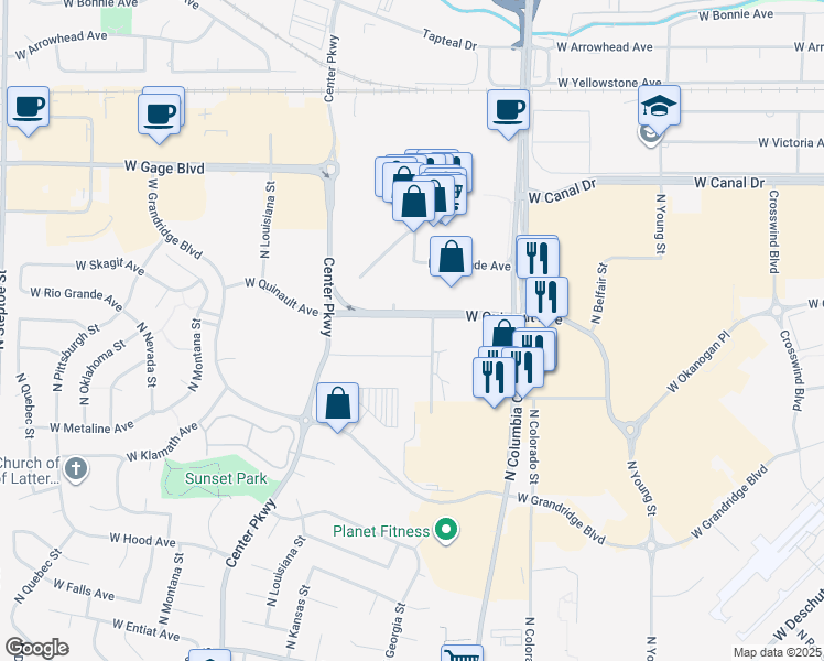 map of restaurants, bars, coffee shops, grocery stores, and more near 7901 W Quinault Ave in Kennewick