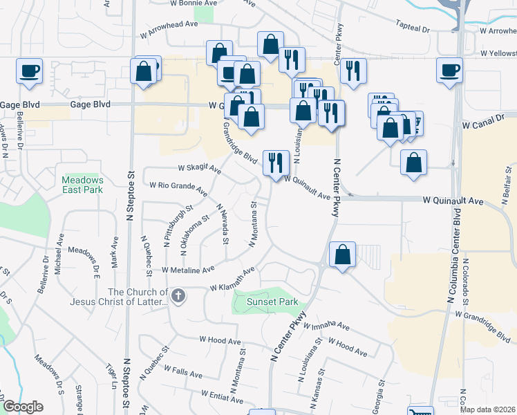 map of restaurants, bars, coffee shops, grocery stores, and more near 1312 North Montana Street in Kennewick