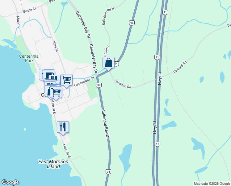 map of restaurants, bars, coffee shops, grocery stores, and more near 69 Eglington Road South in Nipissing District