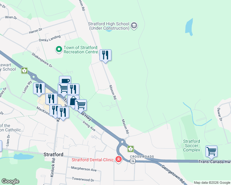 map of restaurants, bars, coffee shops, grocery stores, and more near 215 Mason Road in Stratford