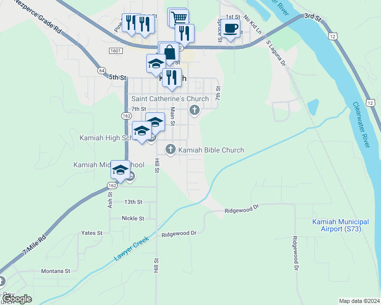 map of restaurants, bars, coffee shops, grocery stores, and more near 1015 Idaho Street in Kamiah