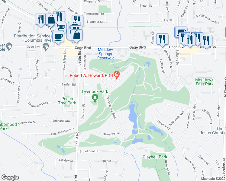 map of restaurants, bars, coffee shops, grocery stores, and more near 343 Greenbrook Place in Richland