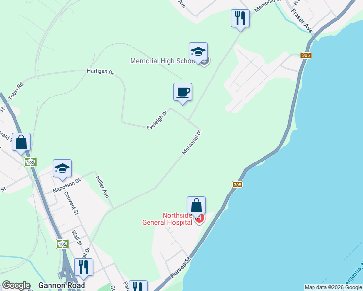 map of restaurants, bars, coffee shops, grocery stores, and more near Memorial Drive in Sydney Mines