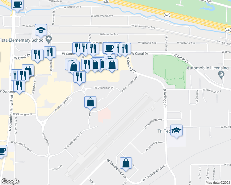 map of restaurants, bars, coffee shops, grocery stores, and more near 6600 West Rio Grande Avenue in Kennewick