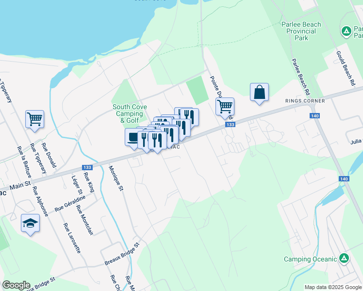 map of restaurants, bars, coffee shops, grocery stores, and more near 545 Main Street in Shediac