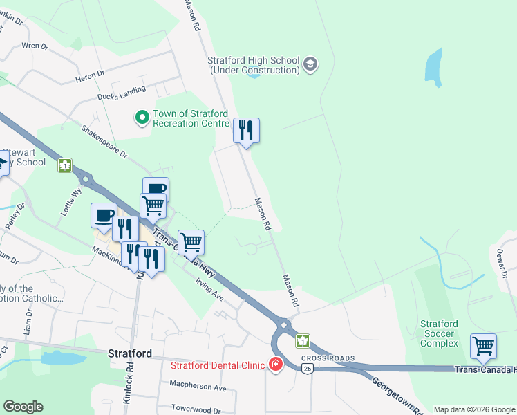 map of restaurants, bars, coffee shops, grocery stores, and more near 215 Mason Road in Stratford