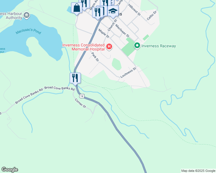 map of restaurants, bars, coffee shops, grocery stores, and more near Park Street in Inverness