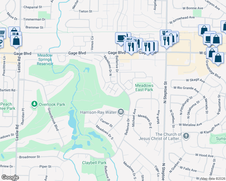 map of restaurants, bars, coffee shops, grocery stores, and more near 2017 Meadows Drive North in Richland