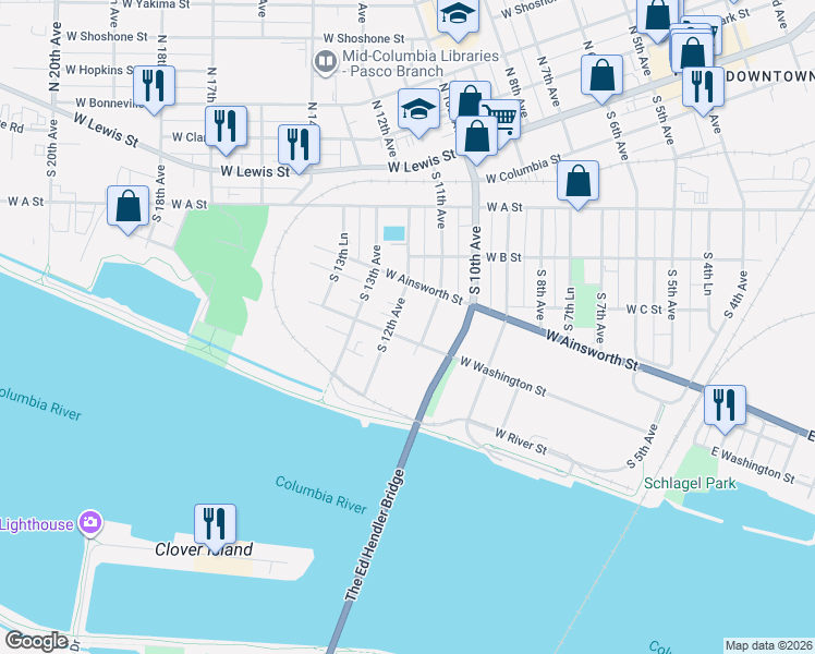 map of restaurants, bars, coffee shops, grocery stores, and more near 1216 S 11th Ave in Pasco