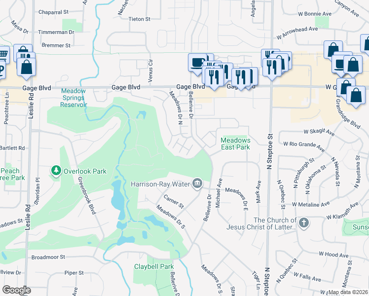 map of restaurants, bars, coffee shops, grocery stores, and more near 2017 Meadows Drive North in Richland