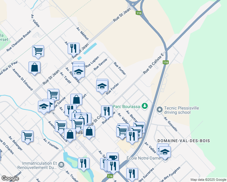 map of restaurants, bars, coffee shops, grocery stores, and more near 2122 Rue Fortier in Plessisville