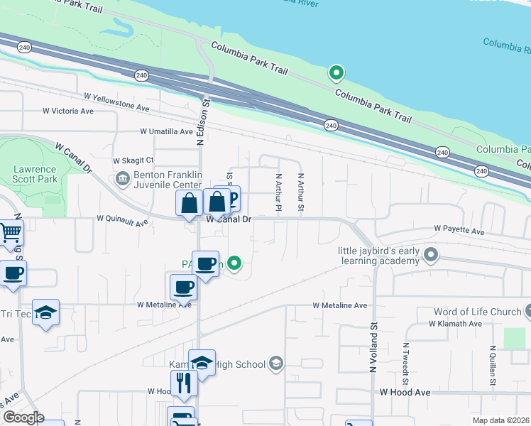 map of restaurants, bars, coffee shops, grocery stores, and more near 1201-1299 North Arthur Place in Kennewick