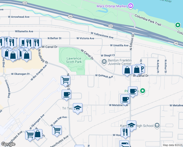 map of restaurants, bars, coffee shops, grocery stores, and more near 1202 North Jefferson Street in Kennewick