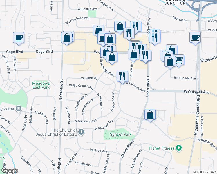 map of restaurants, bars, coffee shops, grocery stores, and more near 1501 North Montana Court in Kennewick