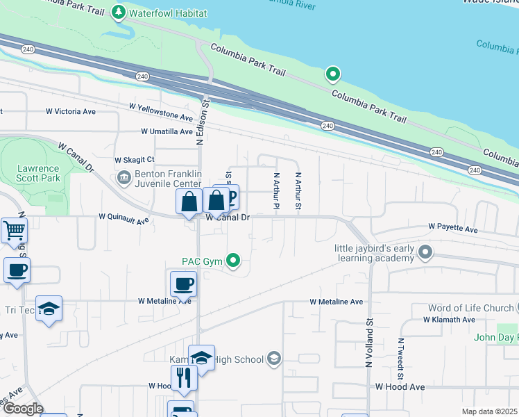 map of restaurants, bars, coffee shops, grocery stores, and more near 1216 North Cleveland Street in Kennewick