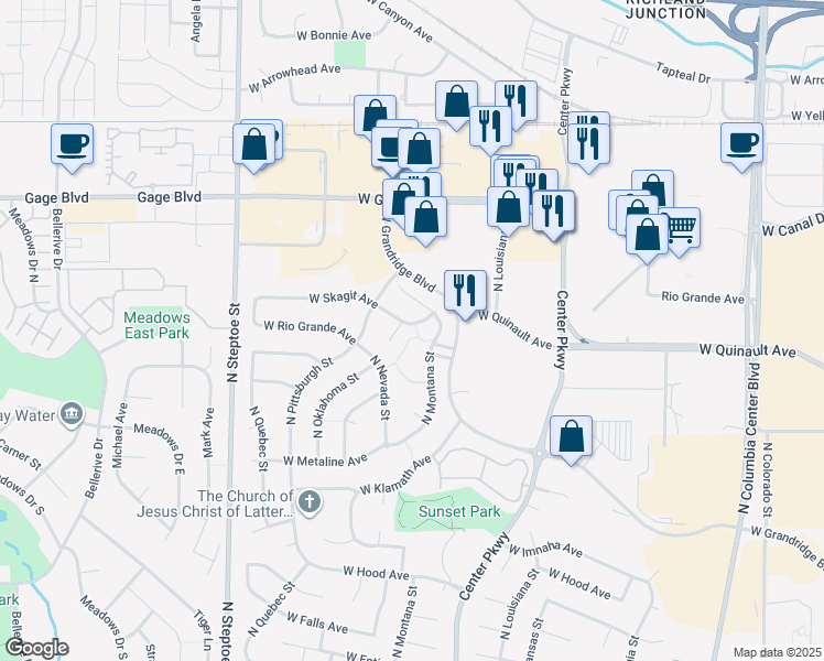 map of restaurants, bars, coffee shops, grocery stores, and more near 1501 North Montana Court in Kennewick