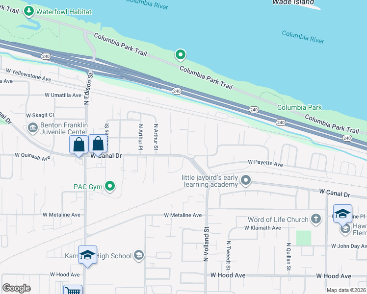 map of restaurants, bars, coffee shops, grocery stores, and more near 1209 North Williams Street in Kennewick