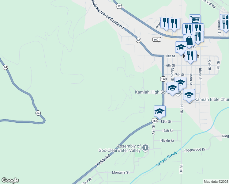 map of restaurants, bars, coffee shops, grocery stores, and more near 831 Crest in Kamiah