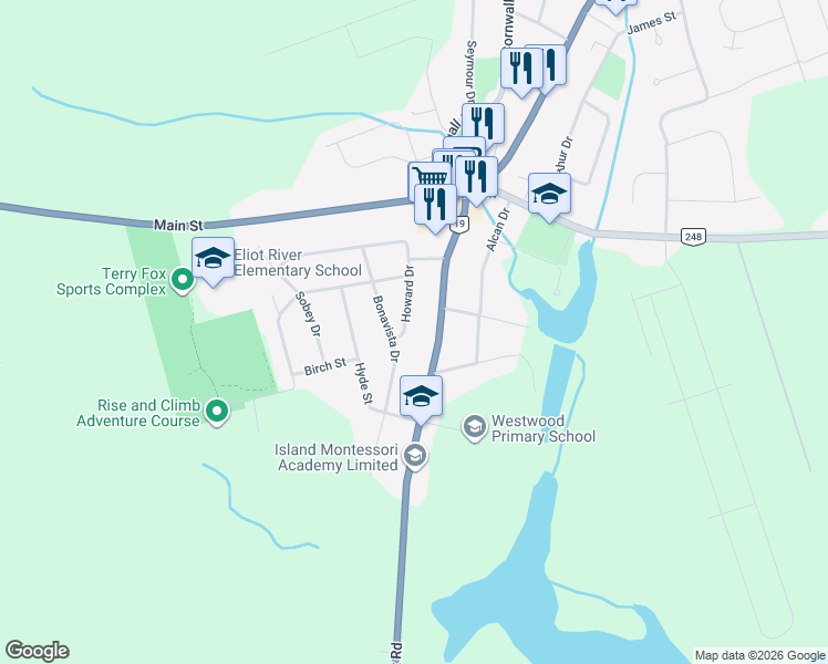 map of restaurants, bars, coffee shops, grocery stores, and more near 34 Howard Drive in Cornwall