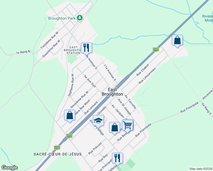 map of restaurants, bars, coffee shops, grocery stores, and more near 515 10e Av Sud in East Broughton